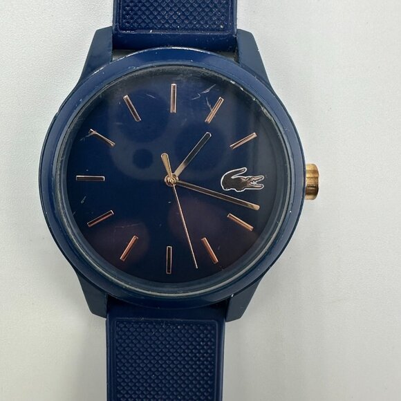 Lacoste Watch Men Navy Blue Rose Gold 42MM Dial Silicone Band New Battery